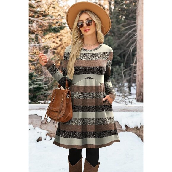 Ofeefan Women Brown Stripe Crew Neck Long Sleeve Empire Waist Dress with Pockets - Picture 2 of 5